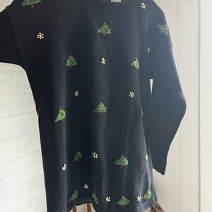 VTG Christmas Black Sweater with Gold beads and Trees